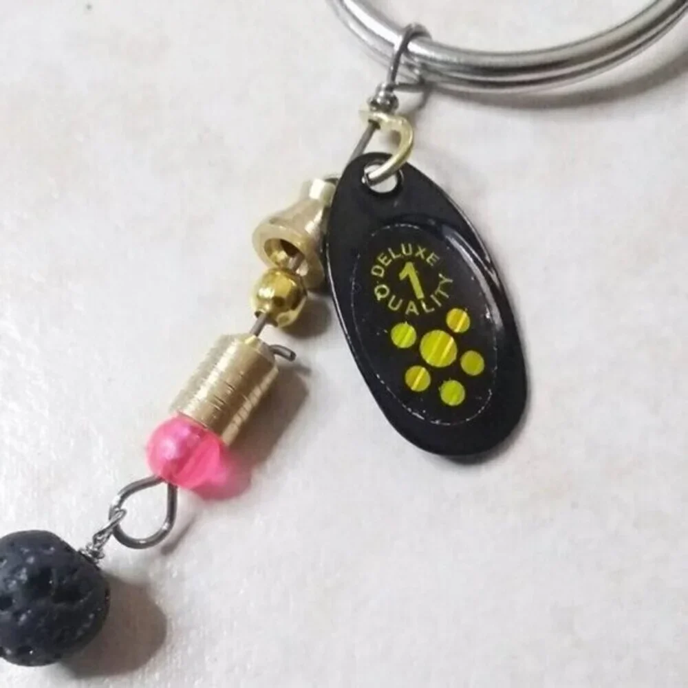 #1 Dad Gift! Fishing Lure Key Chain - Black Onyx + Metal Spoon Lure Key Ring!